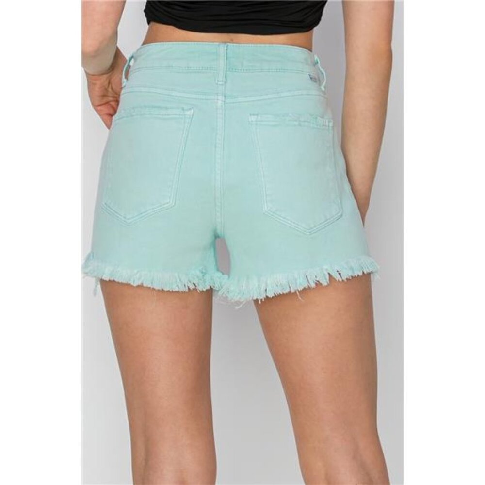 NWT RISEN Mid Waist Frayed Hem Denim Shorts in Mint, Slightly Stretchy - Picture 2 of 7